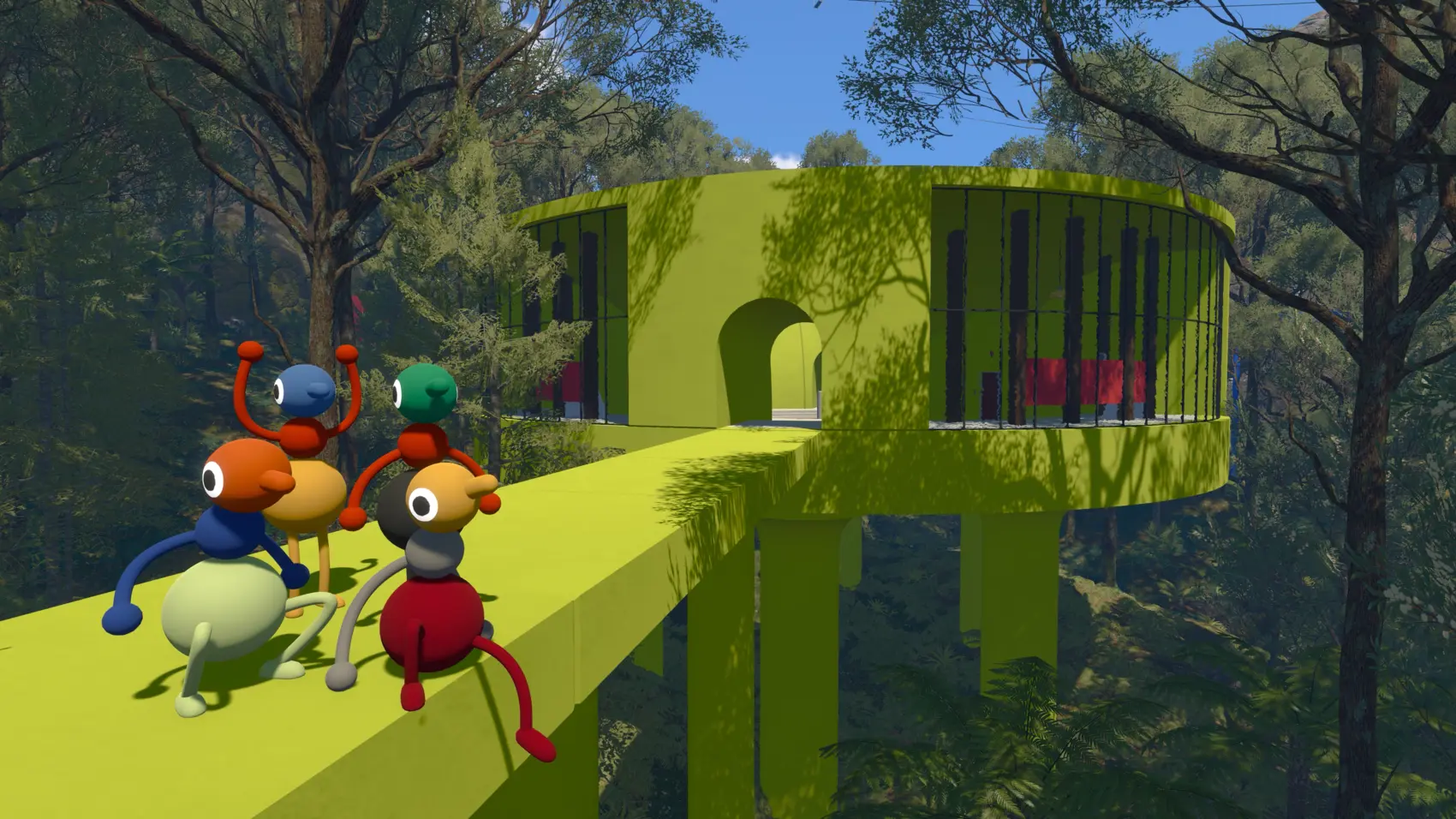 A team approaches a bright green cooperative puzzle building in Big Walk