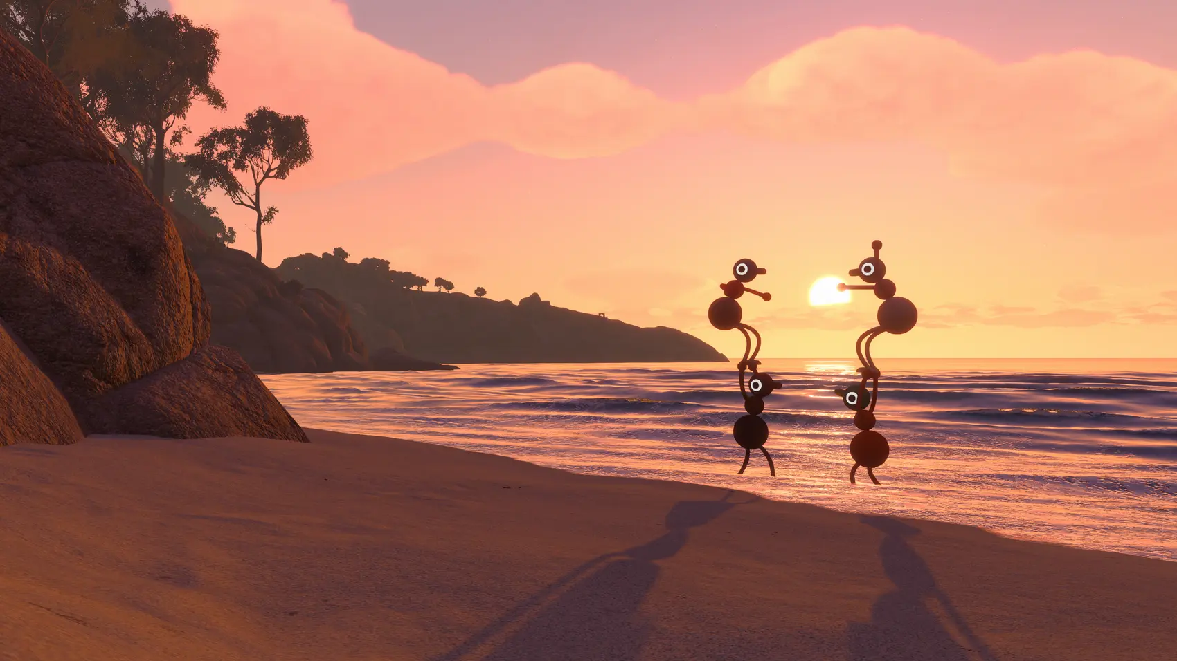 Big Walk friends forming a playful tower on a beach at sunset