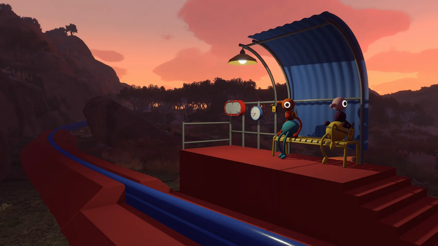 Big Walk friends waiting together at a colorful train platform
